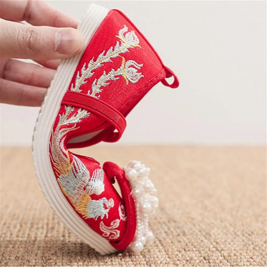 Hcclijo Children Pearl Shoes Floral Flats Ancient Round Toe Kids Elastic Band Traditional Hanfu Oriental Embroidery
