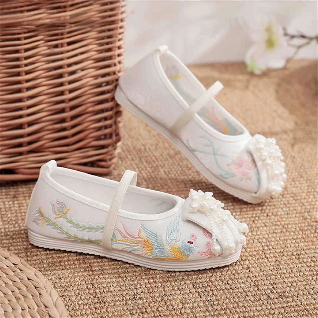Hcclijo Children Pearl Shoes Floral Flats Ancient Round Toe Kids Elastic Band Traditional Hanfu Oriental Embroidery