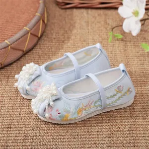 Hcclijo Children Pearl Shoes Floral Flats Ancient Round Toe Kids Elastic Band Traditional Hanfu Oriental Embroidery