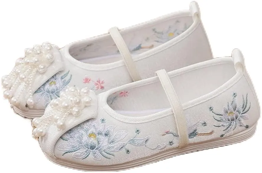 Hcclijo Floral Children Pearl Shoes Flats Ancient Round Toe Kids Traditional Hanfu Oriental EmbroidePhoenix Poeny