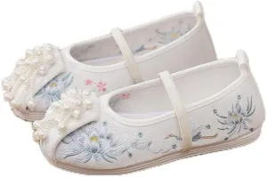 Hcclijo Floral Children Pearl Shoes Flats Ancient Round Toe Kids Traditional Hanfu Oriental EmbroidePhoenix Poeny