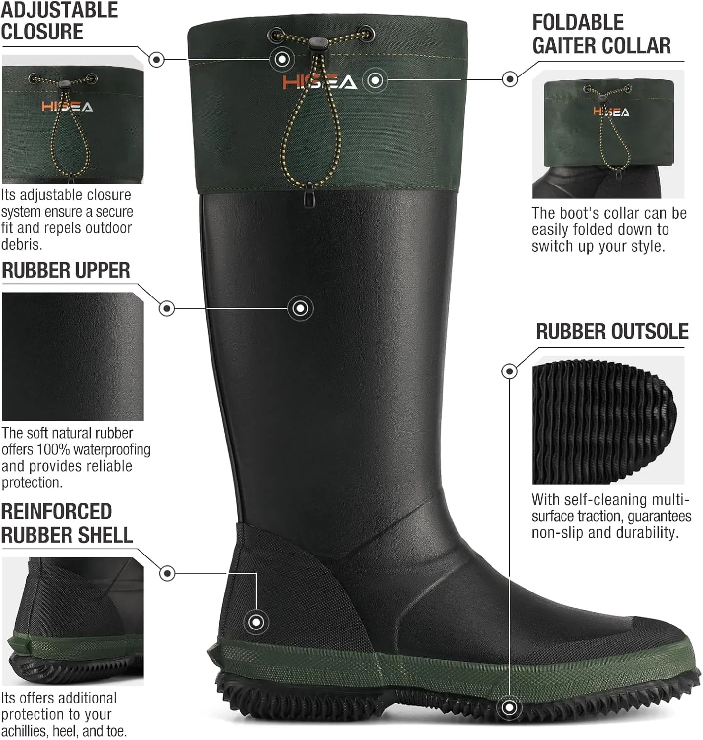 HISEA Classic Men’s Rainboot Neoprene Rubber Rain Boots for Men Waterproof with Adjustable Closure