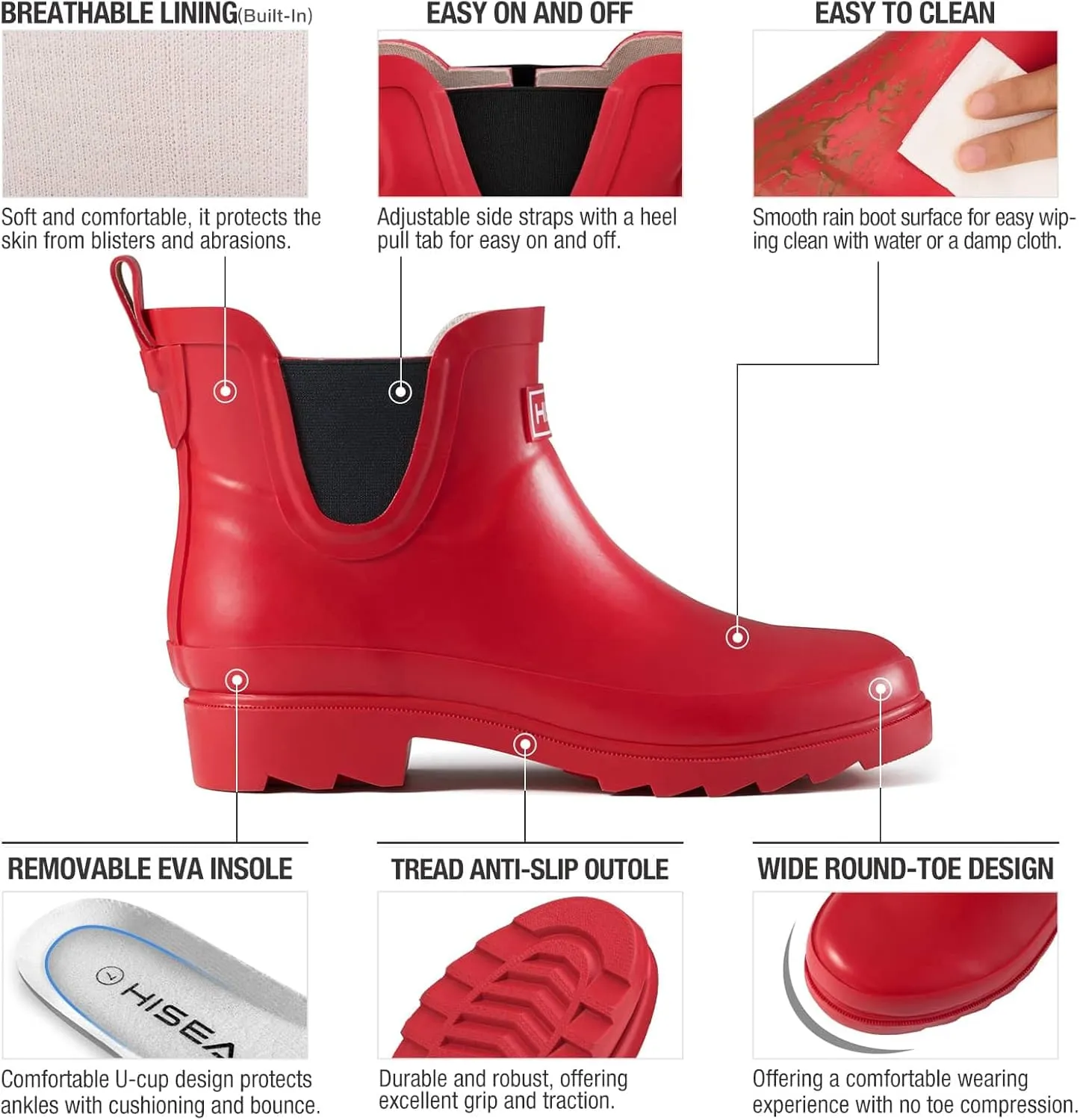 HISEA Women's Short Rubber Rain Boots Waterproof Chelsea Garden Boots for Ladies with Comfort Insole Stylish Ankle Rain Shoes Outdoor Work Booties