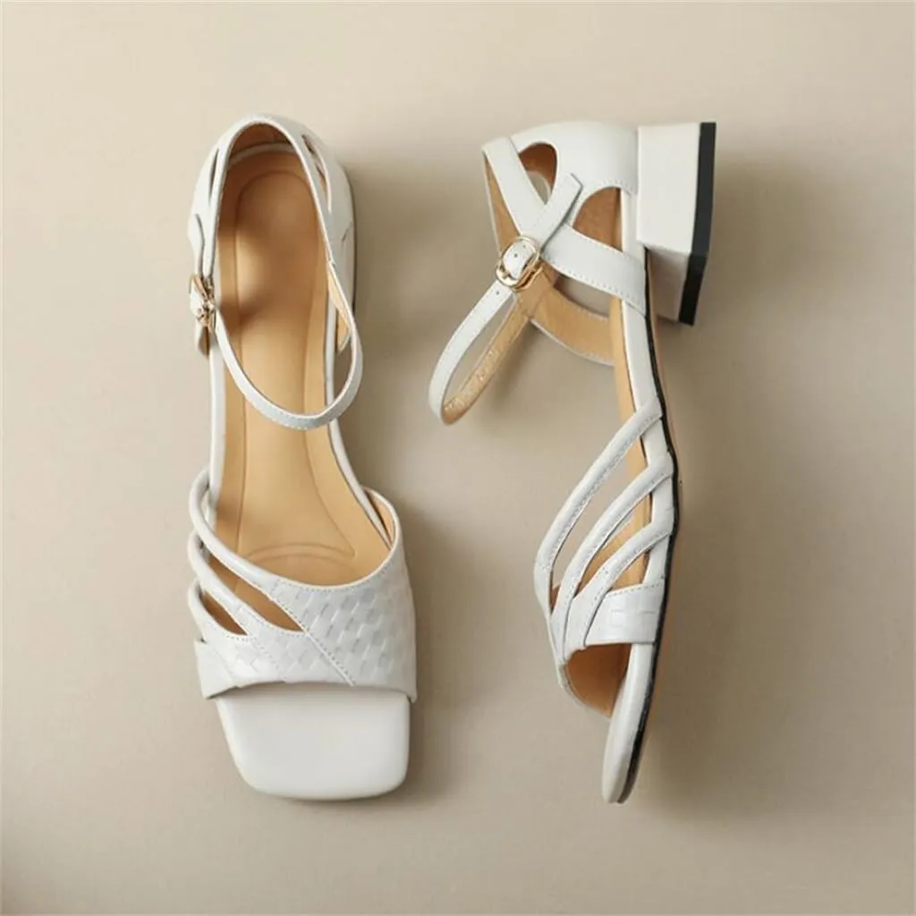 Hollow Square Toe Back Wrap Line Buckle Sandals for Women Retro Embossed Leather Full Leather