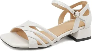 Hollow Square Toe Back Wrap Line Buckle Sandals for Women Retro Embossed Leather Full Leather