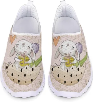 HUIACONG Easter Rabbit Egg Flat for Womens Slip On Tennis Shoes Beige Lightweight Casual Running Sneakers for Ladies Teen Girls Gym Workout Shoes Size 11.5 Comfortable Walking Shoes