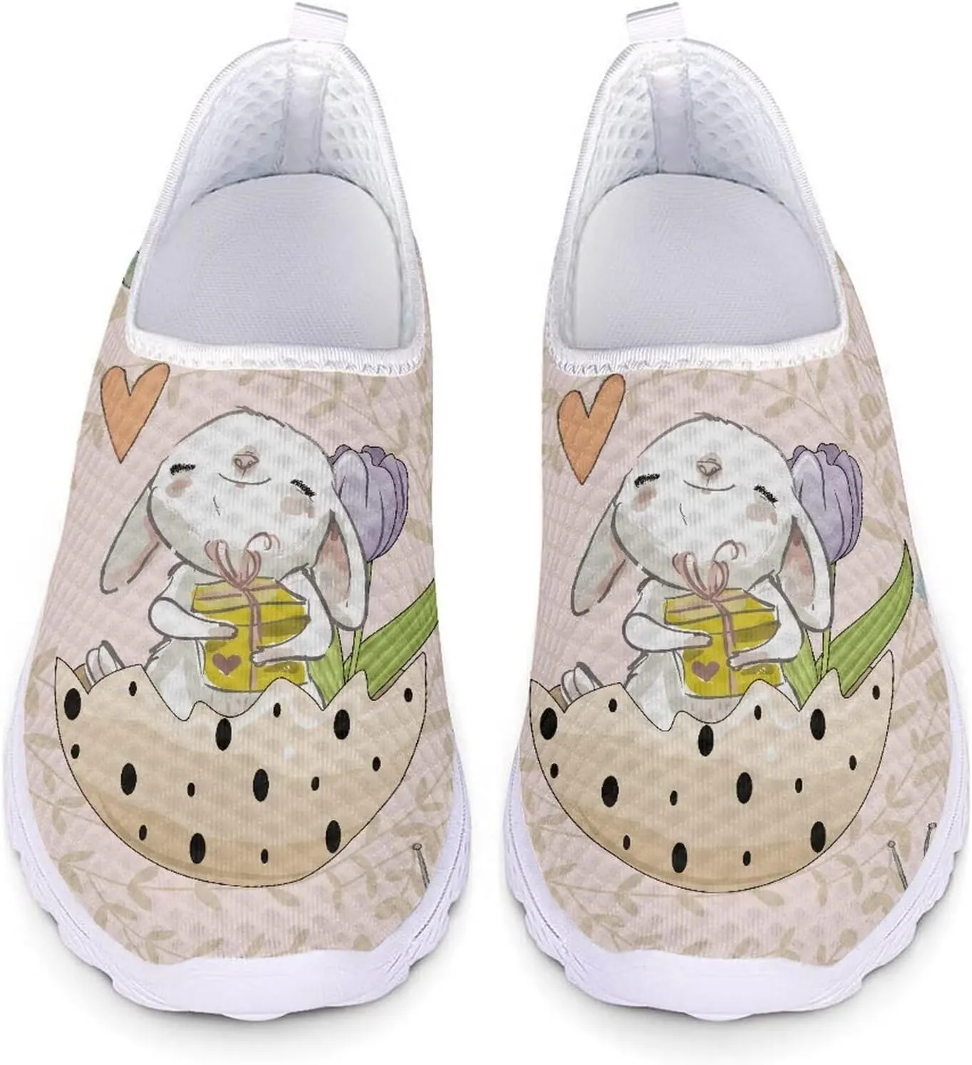 HUIACONG Easter Rabbit Egg Flat for Womens Slip On Tennis Shoes Beige Lightweight Casual Running Sneakers for Ladies Teen Girls Gym Workout Shoes Size 11.5 Comfortable Walking Shoes