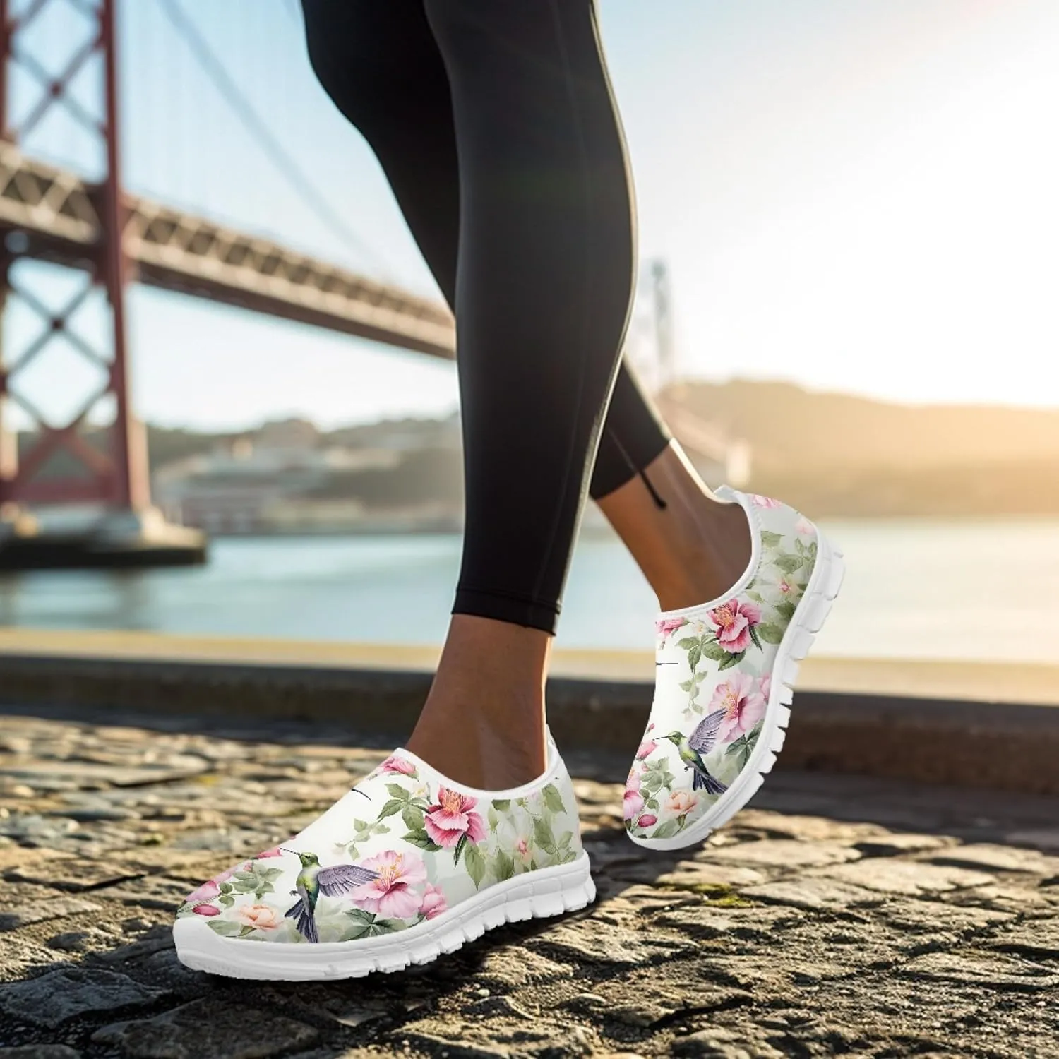 Hummingbird Floral Print Lightweight Walking Shoes for Women Mesh Casual Sneakers Size 5-10.5