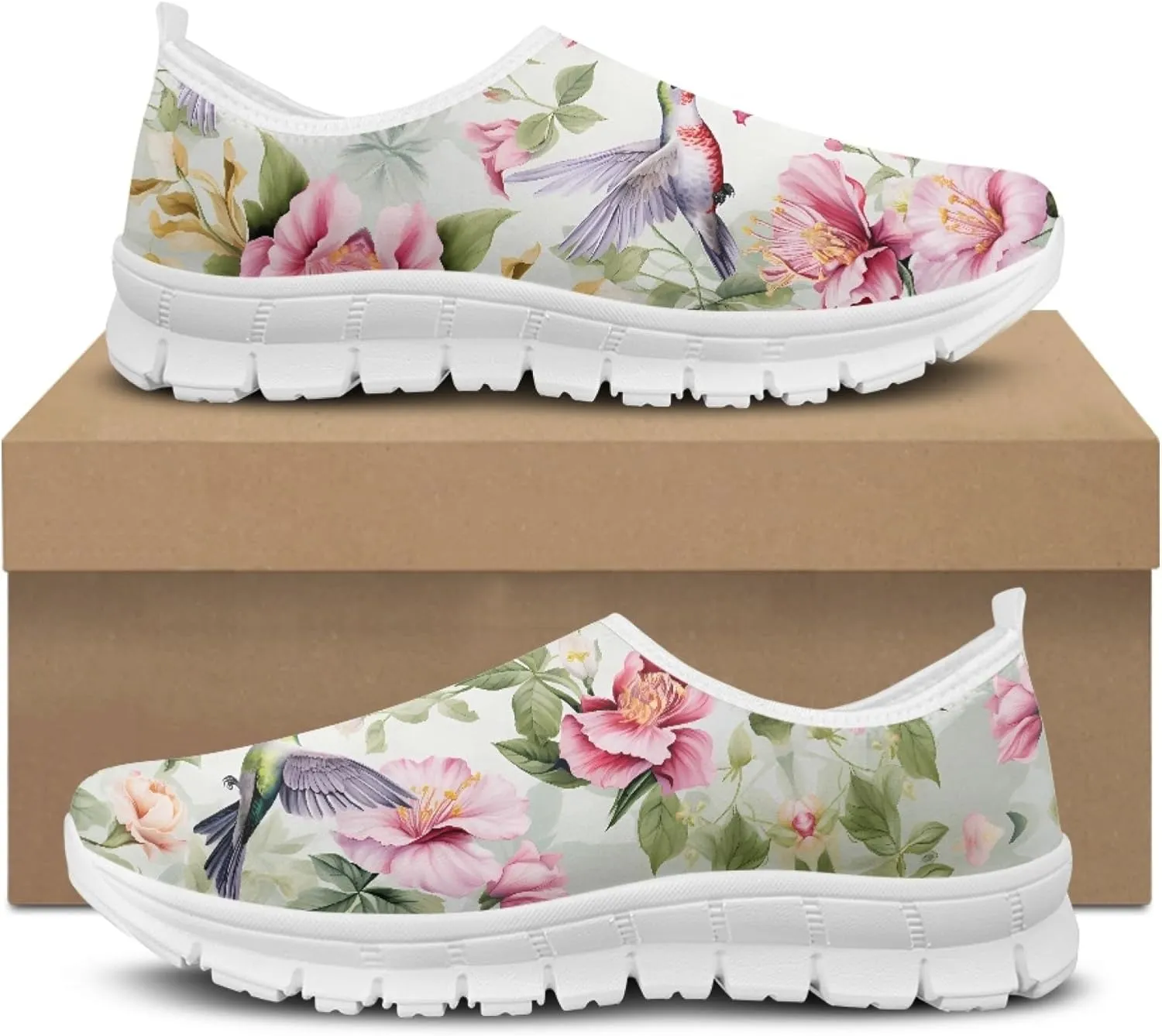 Hummingbird Floral Print Lightweight Walking Shoes for Women Mesh Casual Sneakers Size 5-10.5