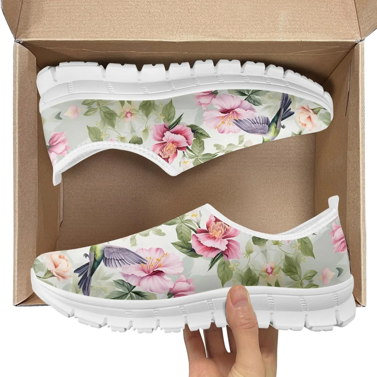 Hummingbird Floral Print Lightweight Walking Shoes for Women Mesh Casual Sneakers Size 5-10.5