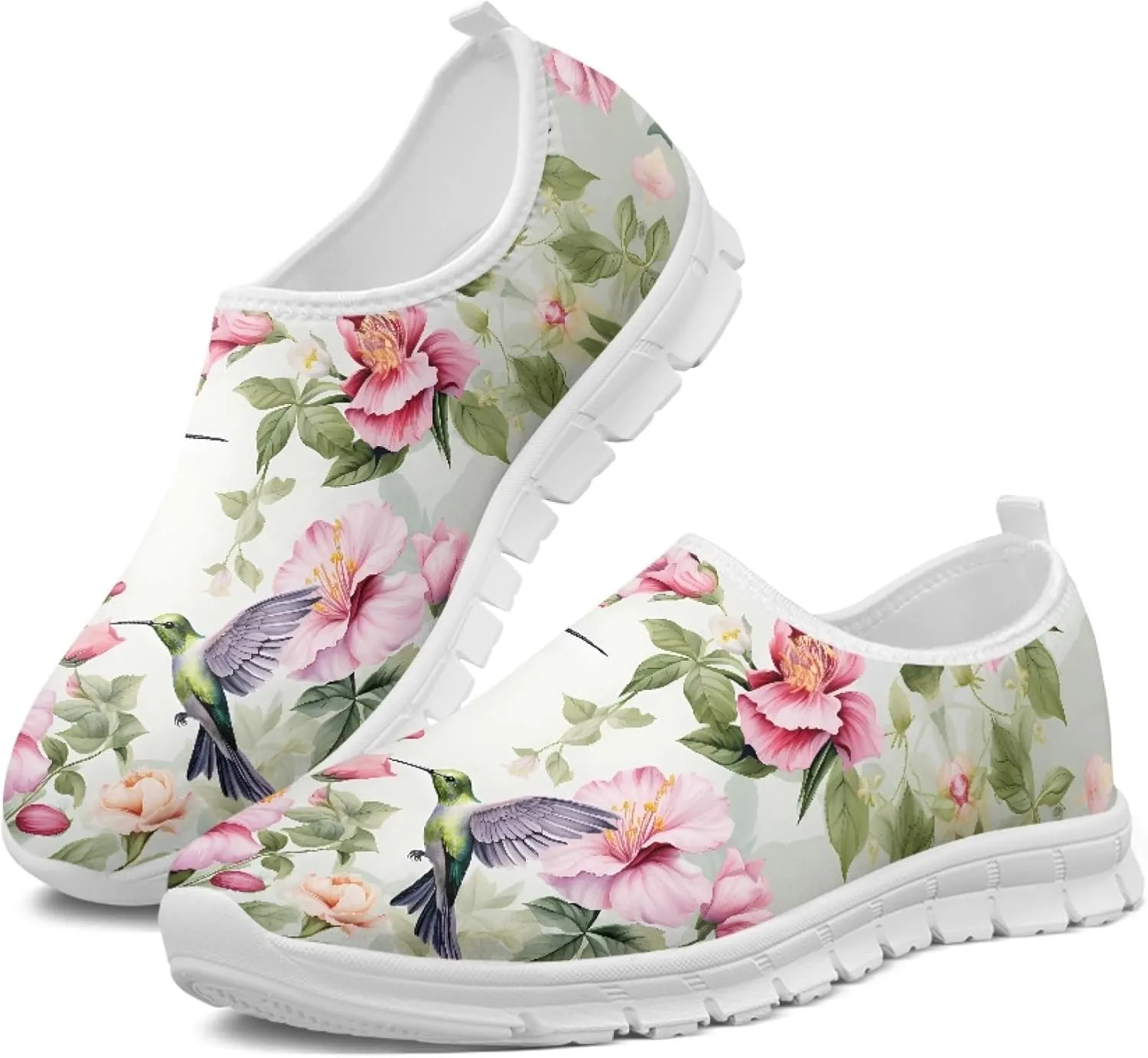 Hummingbird Floral Print Lightweight Walking Shoes for Women Mesh Casual Sneakers Size 5-10.5