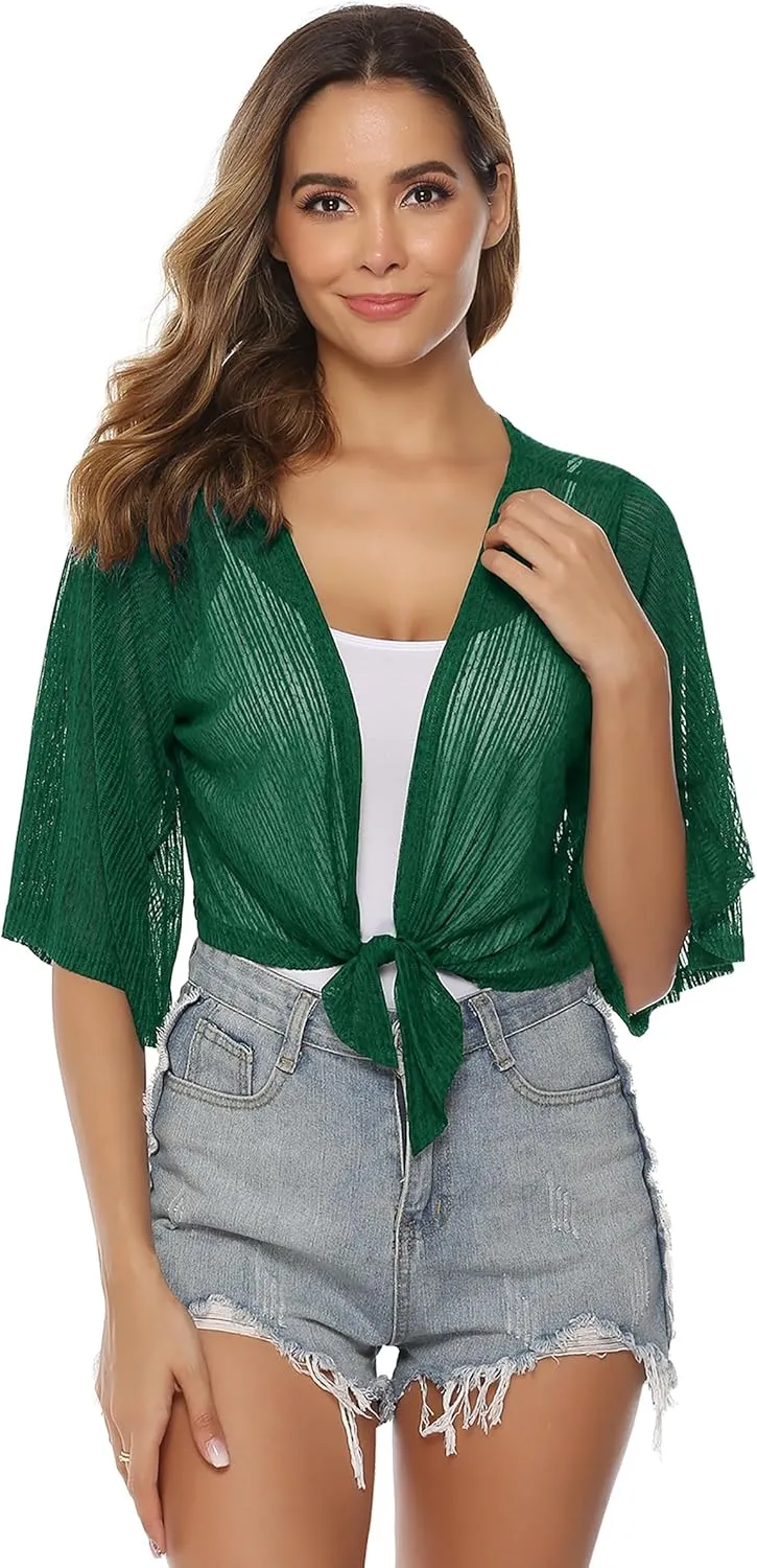 iClosam Women Tie Front Chiffon Shrug Short Sleeve Cropped Sheer Bolero Shrug Cardigan