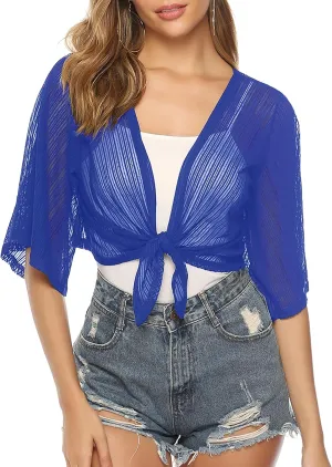 iClosam Women Tie Front Chiffon Shrug Short Sleeve Cropped Sheer Bolero Shrug Cardigan