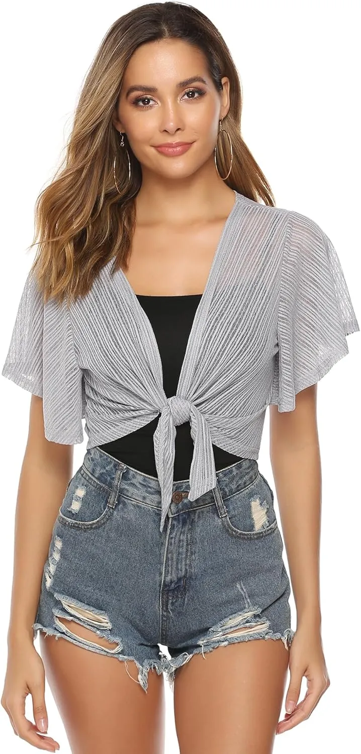 iClosam Women Tie Front Chiffon Shrug Short Sleeve Cropped Sheer Bolero Shrug Cardigan