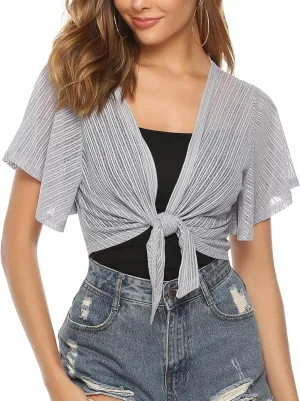 iClosam Women Tie Front Chiffon Shrug Short Sleeve Cropped Sheer Bolero Shrug Cardigan