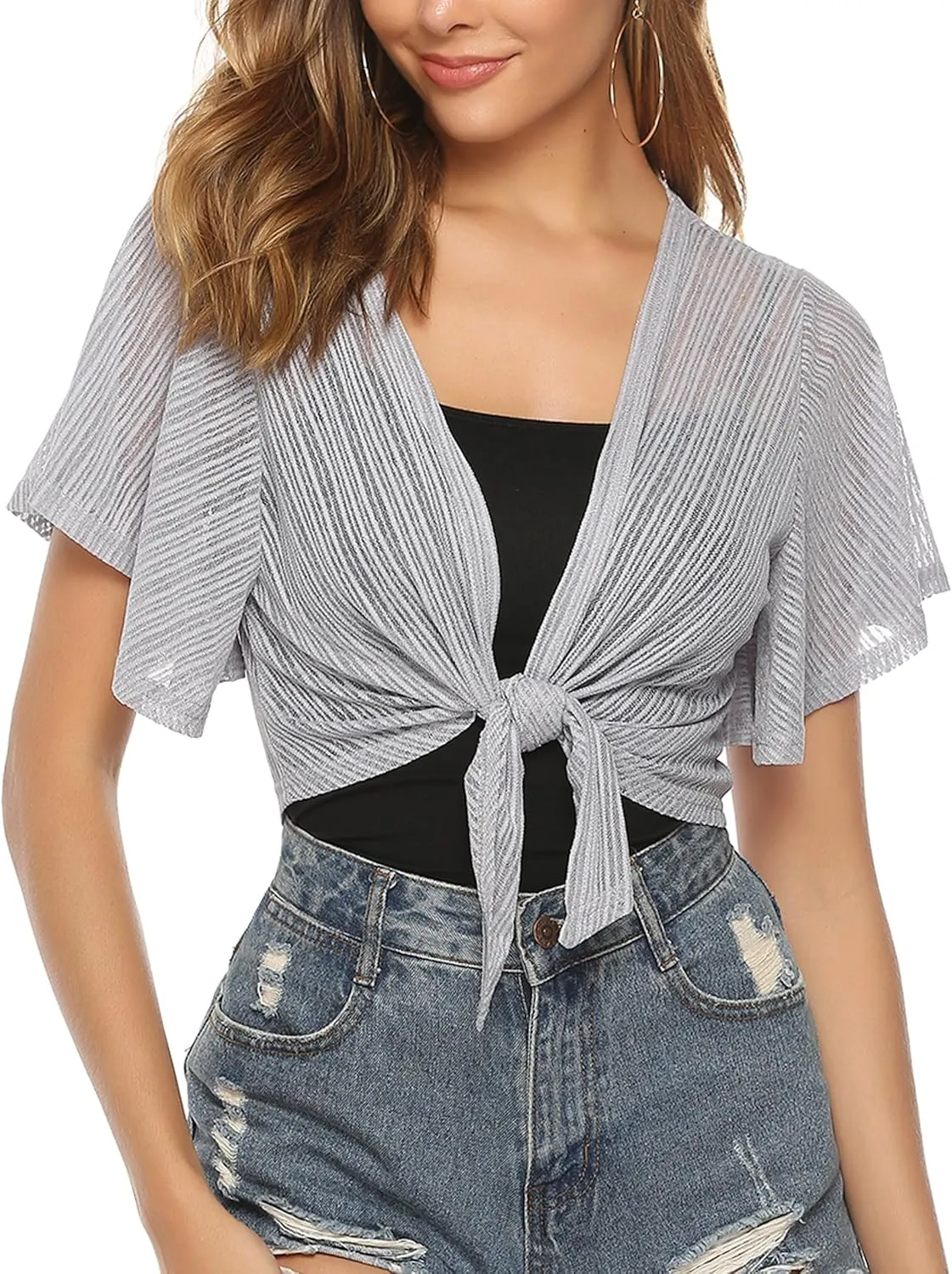 iClosam Women Tie Front Chiffon Shrug Short Sleeve Cropped Sheer Bolero Shrug Cardigan