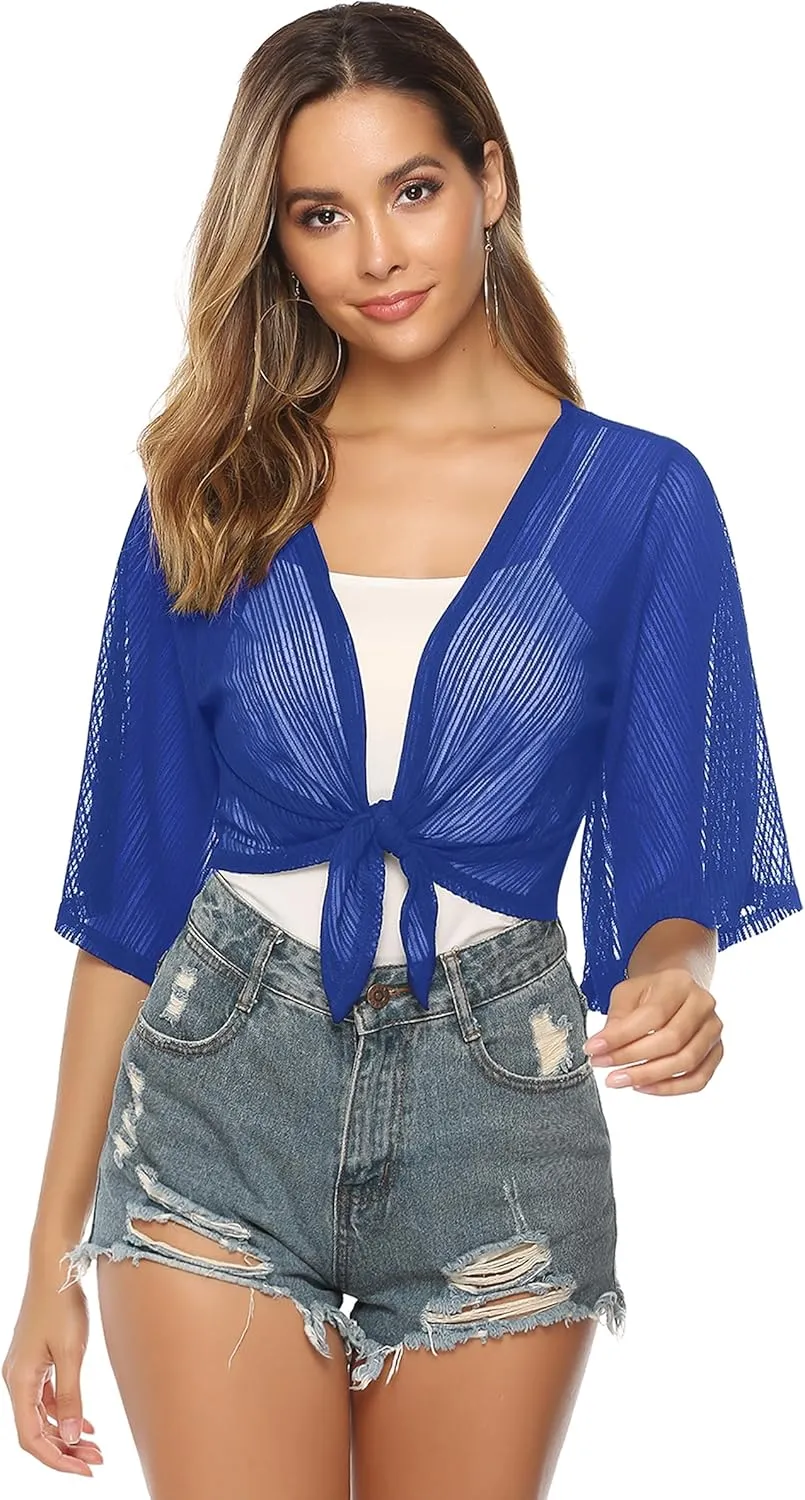iClosam Women Tie Front Chiffon Shrug Short Sleeve Cropped Sheer Bolero Shrug Cardigan