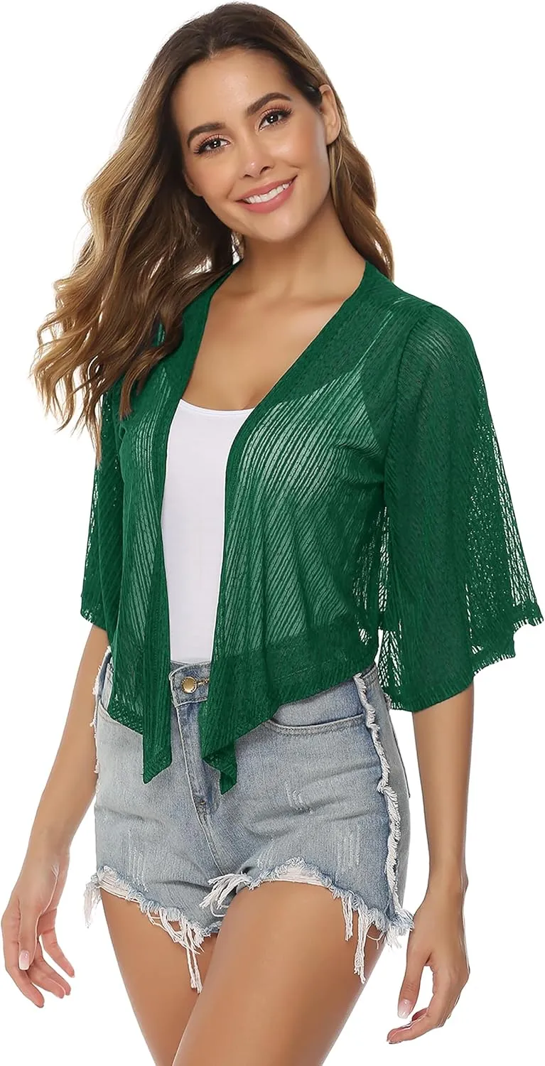 iClosam Women Tie Front Chiffon Shrug Short Sleeve Cropped Sheer Bolero Shrug Cardigan