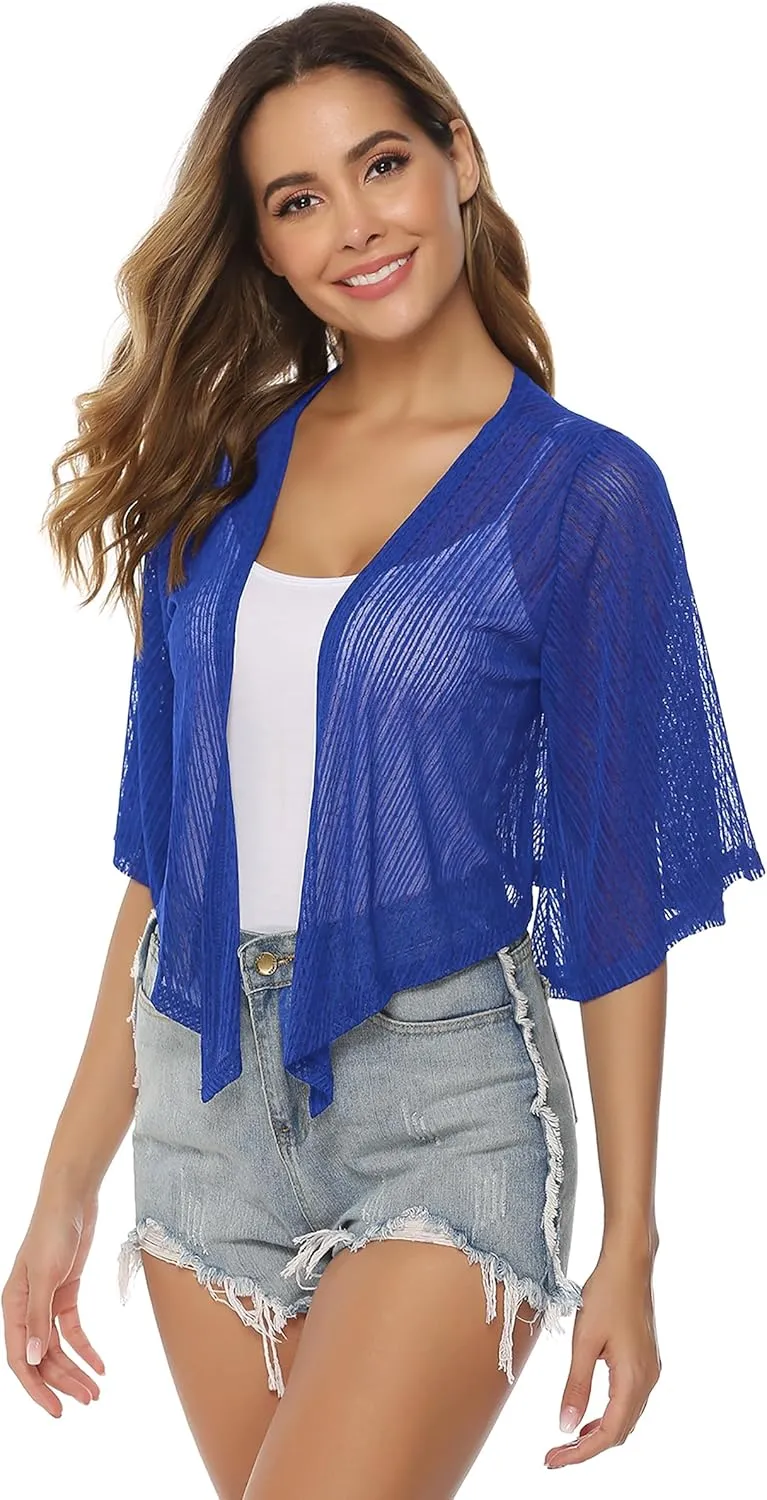 iClosam Women Tie Front Chiffon Shrug Short Sleeve Cropped Sheer Bolero Shrug Cardigan