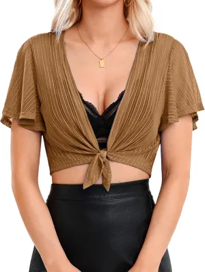 iClosam Women Tie Front Chiffon Shrug Short Sleeve Cropped Sheer Bolero Shrug Cardigan