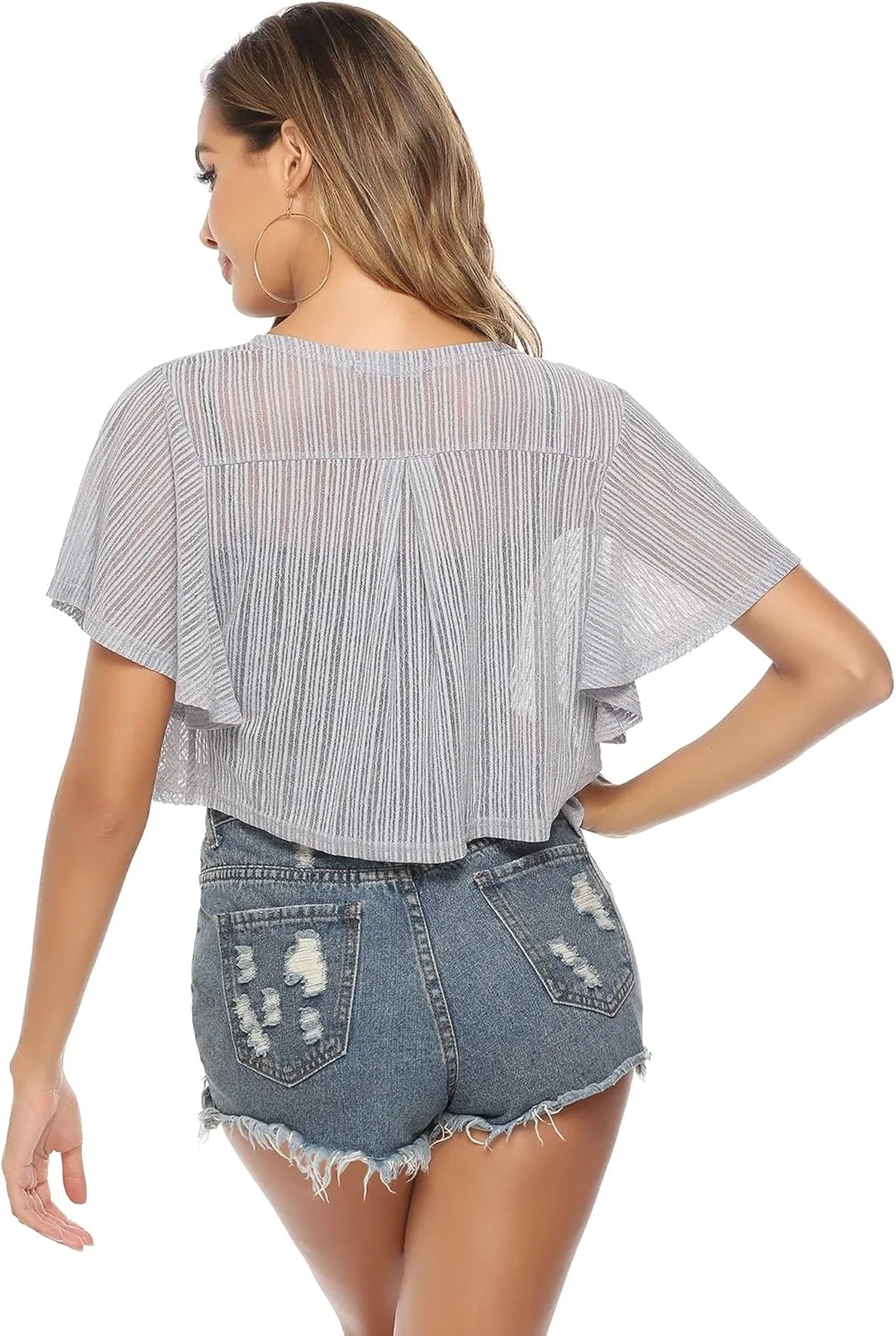 iClosam Women Tie Front Chiffon Shrug Short Sleeve Cropped Sheer Bolero Shrug Cardigan