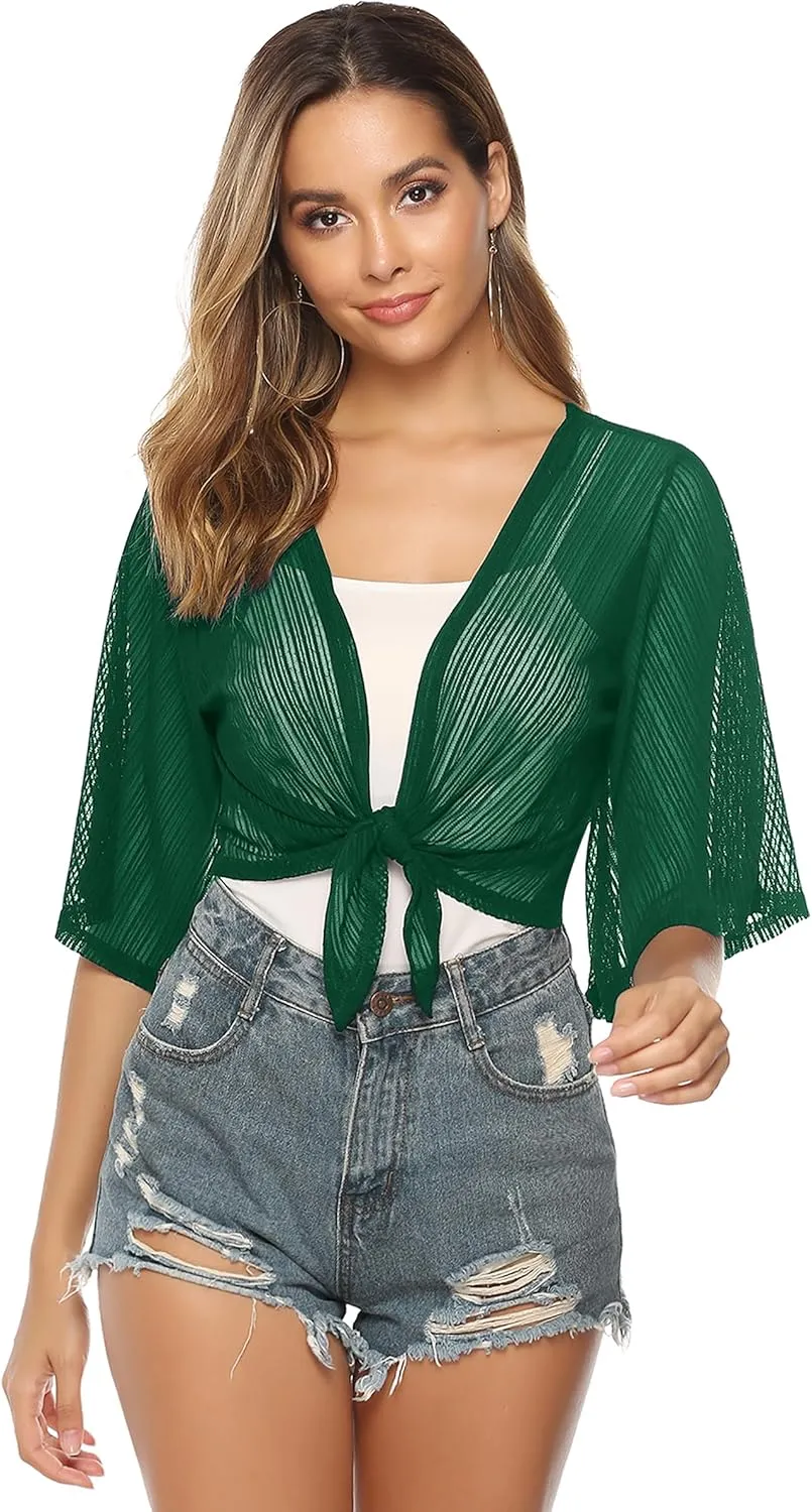 iClosam Women Tie Front Chiffon Shrug Short Sleeve Cropped Sheer Bolero Shrug Cardigan
