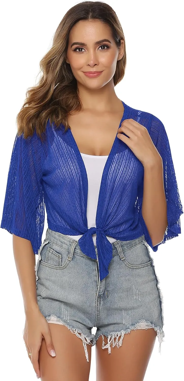 iClosam Women Tie Front Chiffon Shrug Short Sleeve Cropped Sheer Bolero Shrug Cardigan