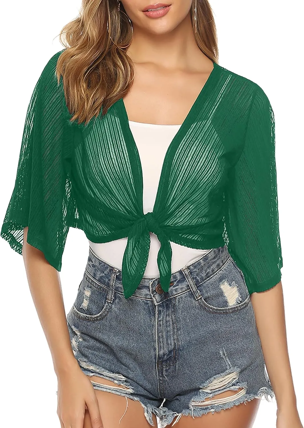 iClosam Women Tie Front Chiffon Shrug Short Sleeve Cropped Sheer Bolero Shrug Cardigan