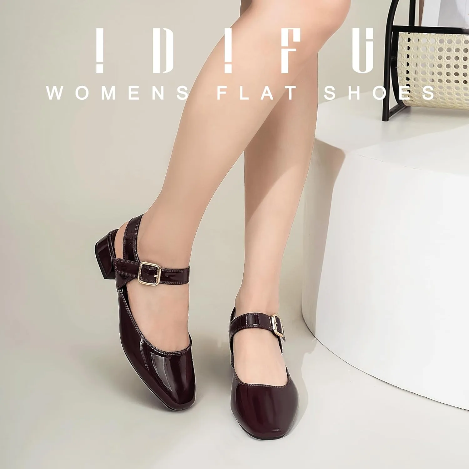 IDIFU Slingback Flats for Women Mary Jane Ballet Flats Square Toe Low Heel Ankle Strap Dress Shoes for Women Comfortable Wedding Bridal Work Office Trendy Dressy Casual Flats Shoes