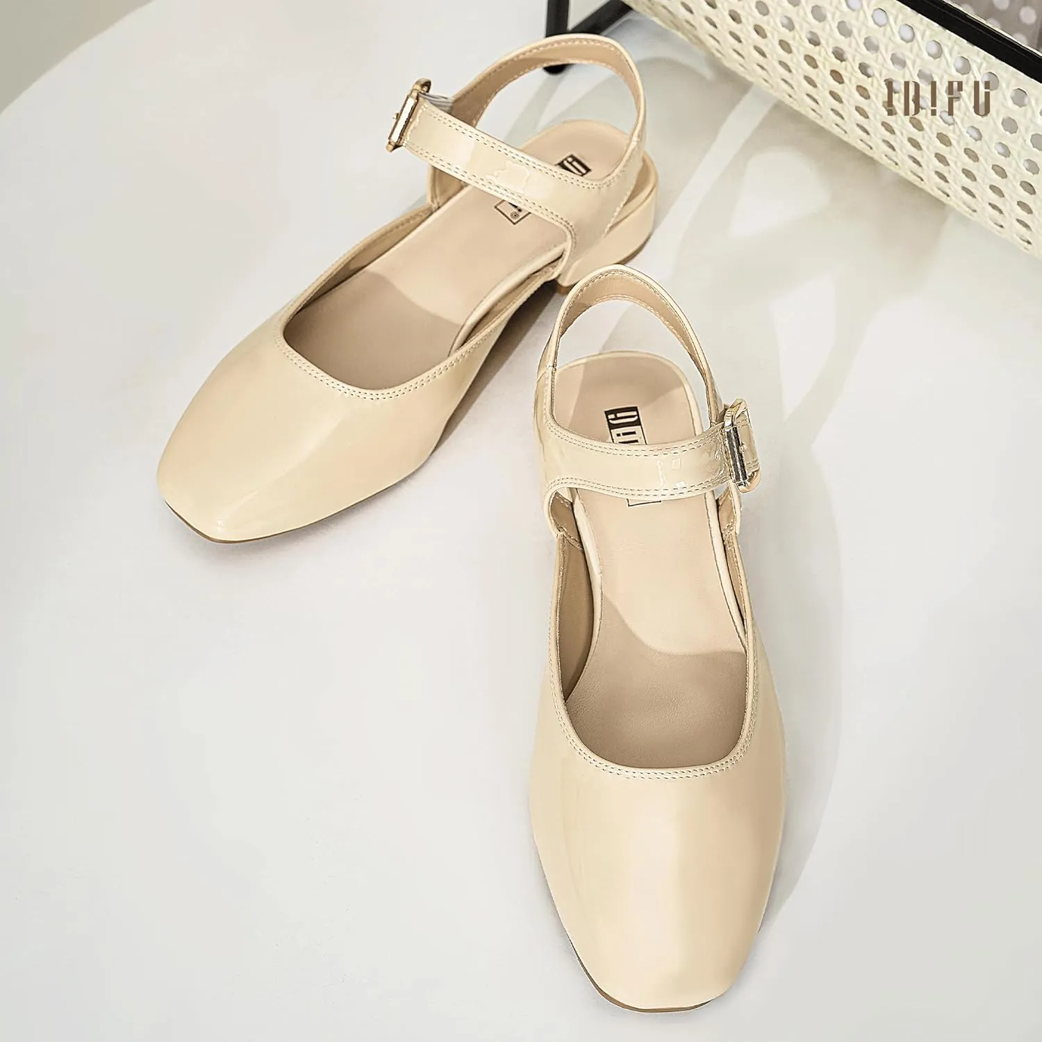 IDIFU Slingback Flats for Women Mary Jane Ballet Flats Square Toe Low Heel Ankle Strap Dress Shoes for Women Comfortable Wedding Bridal Work Office Trendy Dressy Casual Flats Shoes