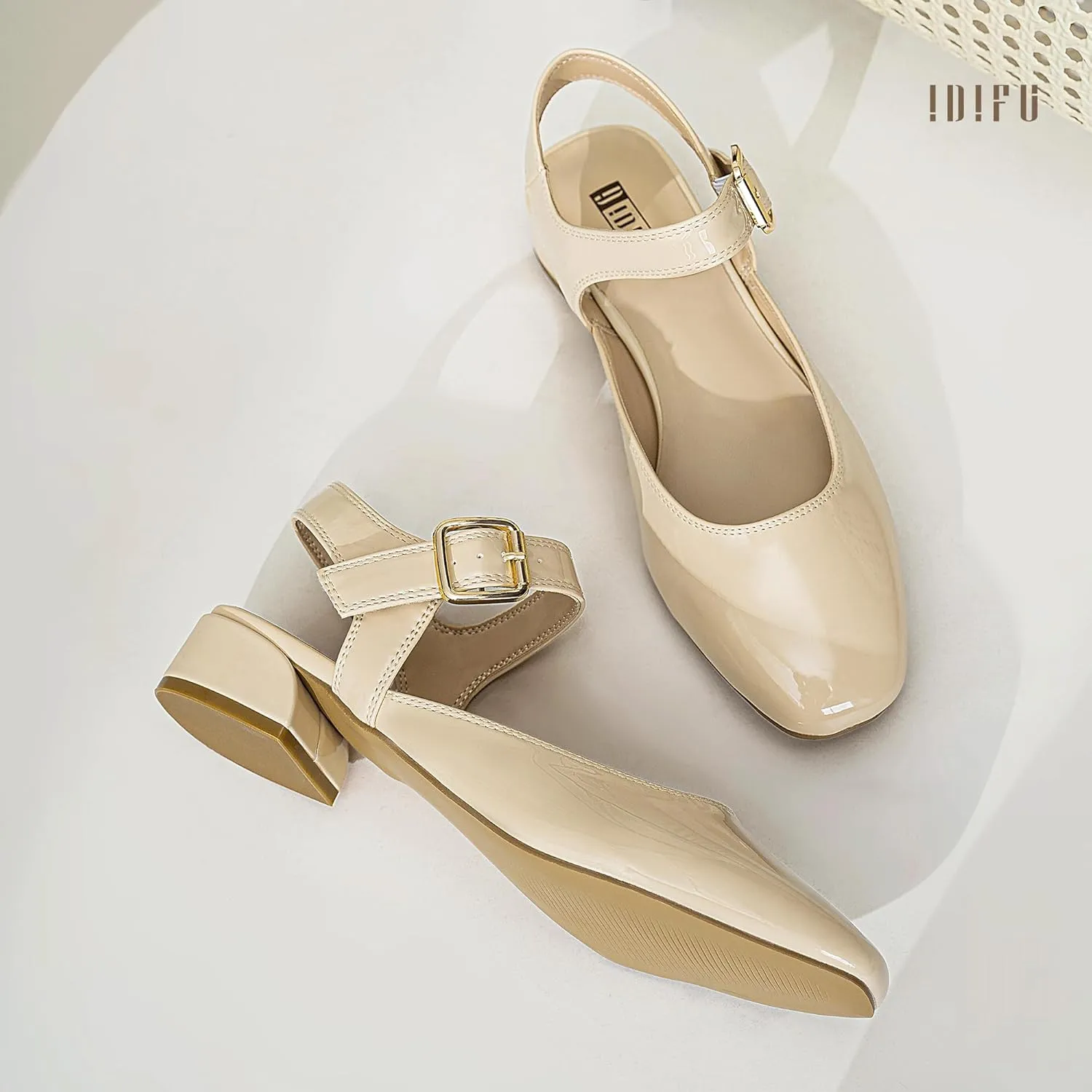 IDIFU Slingback Flats for Women Mary Jane Ballet Flats Square Toe Low Heel Ankle Strap Dress Shoes for Women Comfortable Wedding Bridal Work Office Trendy Dressy Casual Flats Shoes