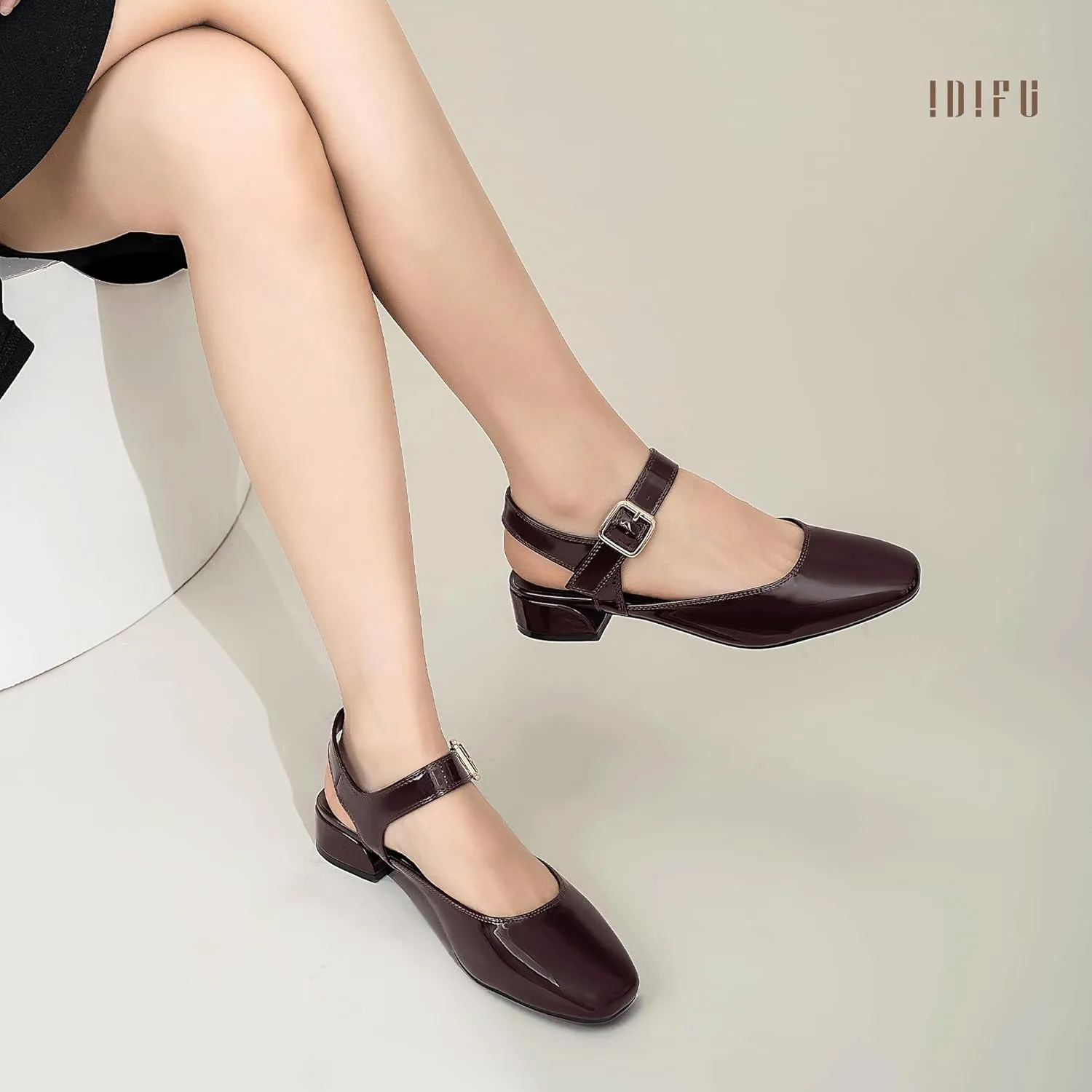 IDIFU Slingback Flats for Women Mary Jane Ballet Flats Square Toe Low Heel Ankle Strap Dress Shoes for Women Comfortable Wedding Bridal Work Office Trendy Dressy Casual Flats Shoes