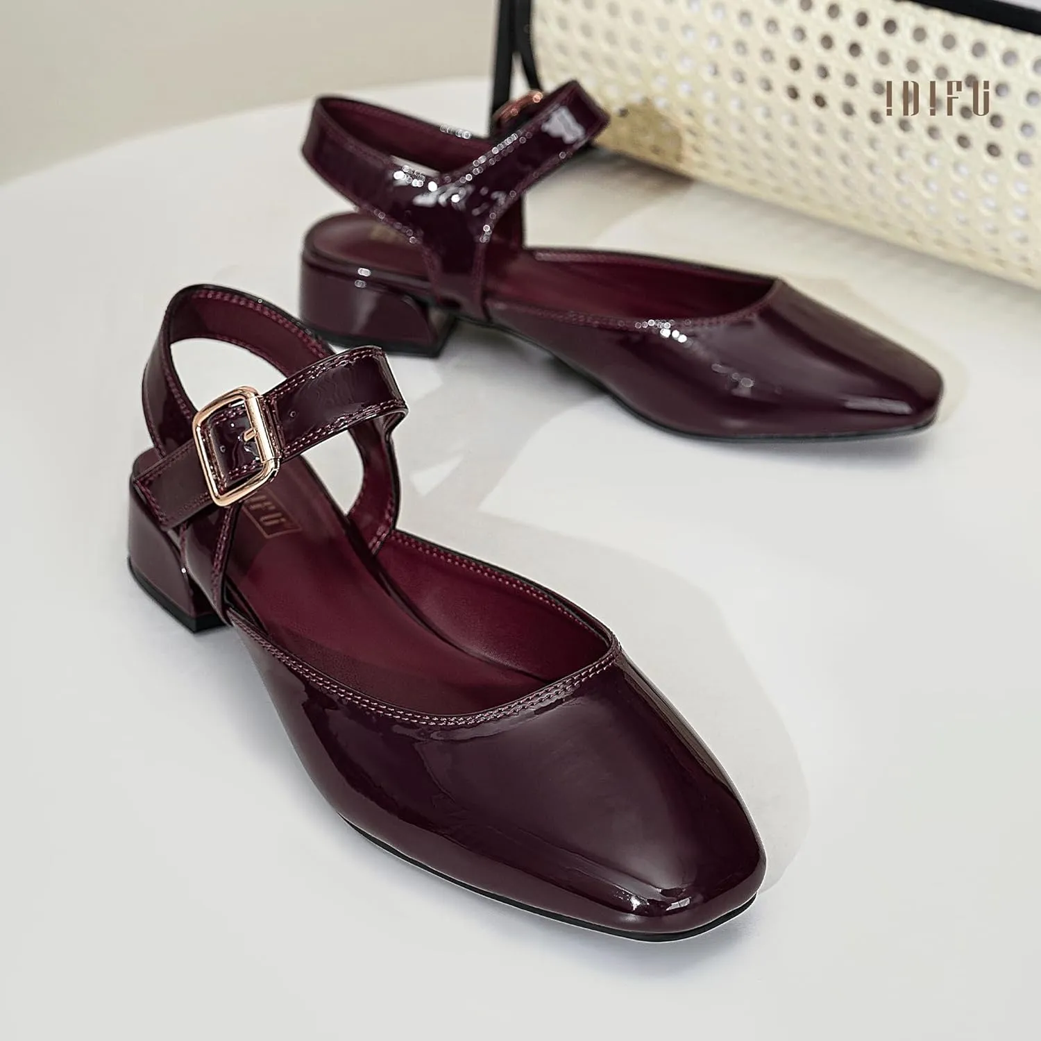 IDIFU Slingback Flats for Women Mary Jane Ballet Flats Square Toe Low Heel Ankle Strap Dress Shoes for Women Comfortable Wedding Bridal Work Office Trendy Dressy Casual Flats Shoes