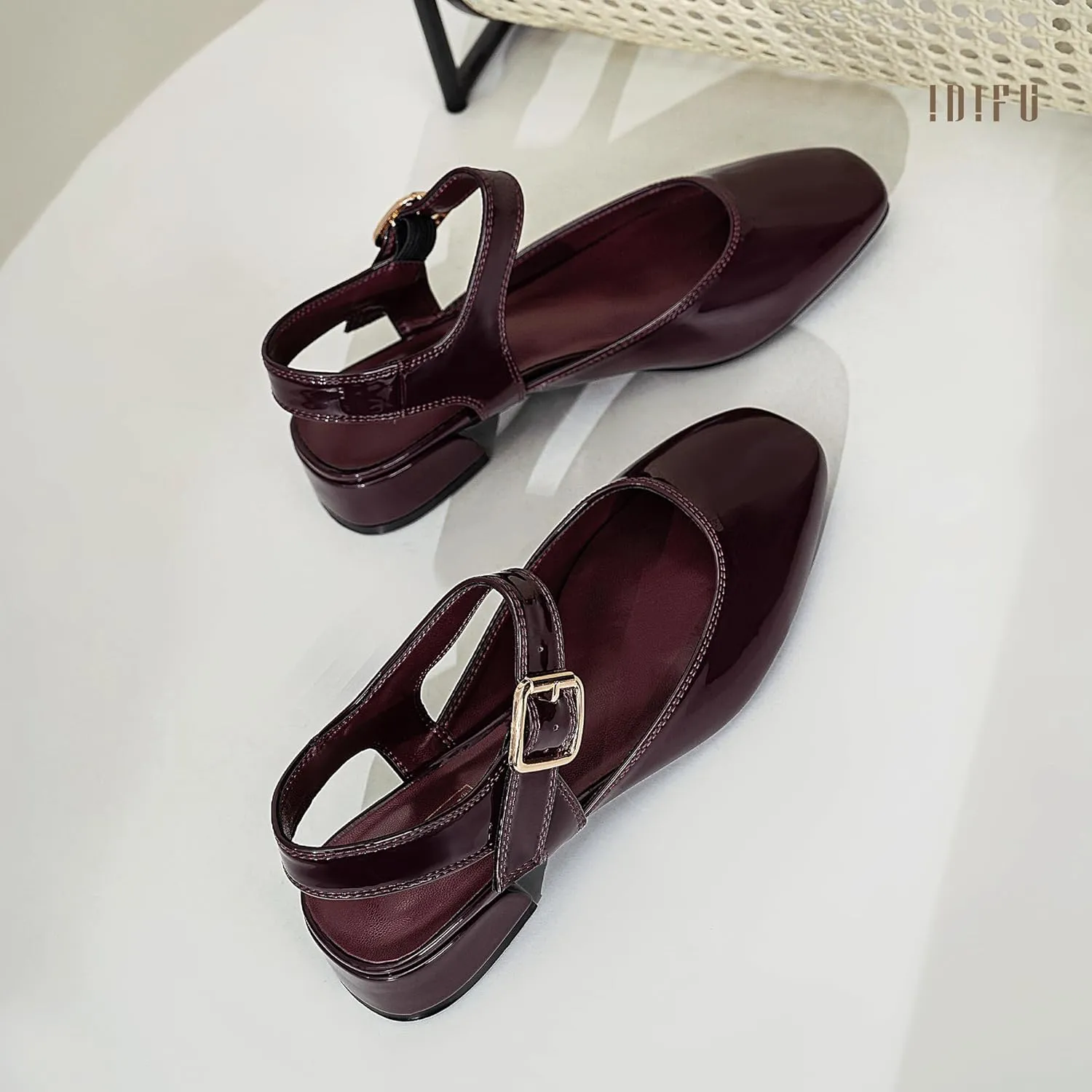 IDIFU Slingback Flats for Women Mary Jane Ballet Flats Square Toe Low Heel Ankle Strap Dress Shoes for Women Comfortable Wedding Bridal Work Office Trendy Dressy Casual Flats Shoes