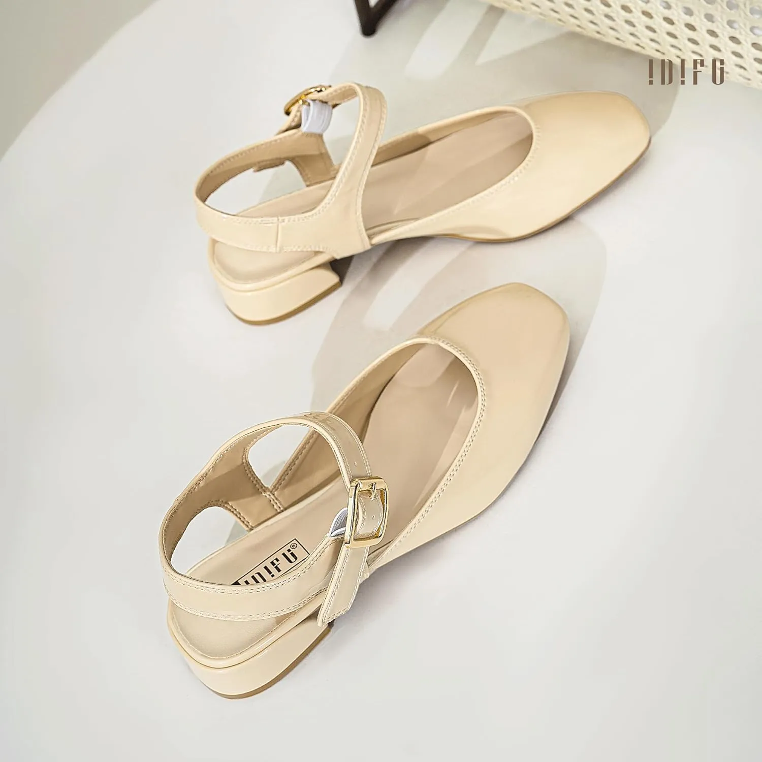 IDIFU Slingback Flats for Women Mary Jane Ballet Flats Square Toe Low Heel Ankle Strap Dress Shoes for Women Comfortable Wedding Bridal Work Office Trendy Dressy Casual Flats Shoes