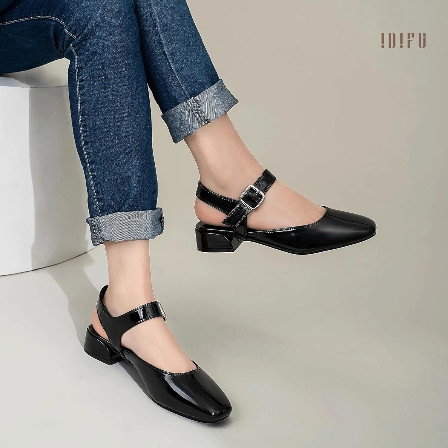 IDIFU Slingback Flats for Women Mary Jane Ballet Flats Square Toe Low Heel Ankle Strap Dress Shoes for Women Comfortable Wedding Bridal Work Office Trendy Dressy Casual Flats Shoes