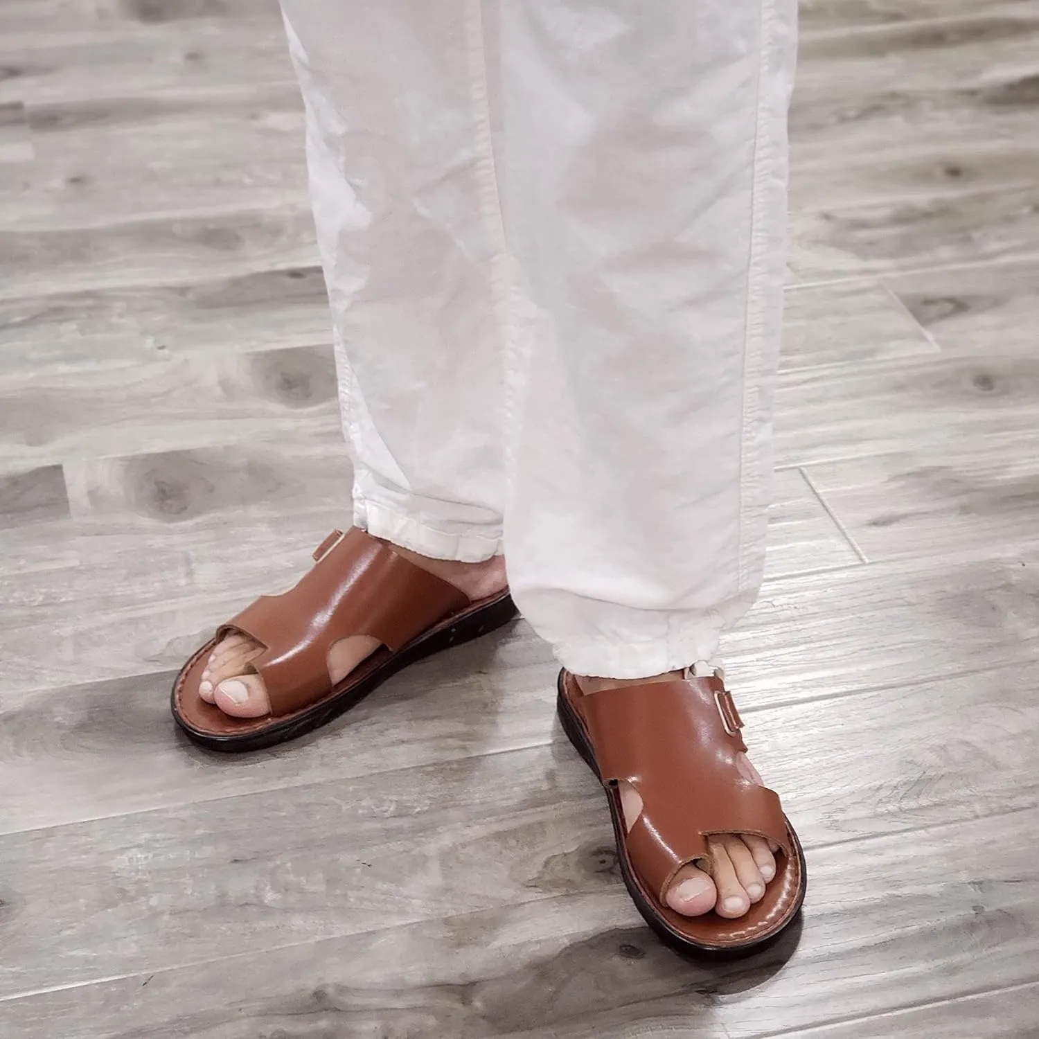 Jazamé Men's 69213 Leather Slip On Peasant Toe Loop Roman Flip Flop Dress Sandals