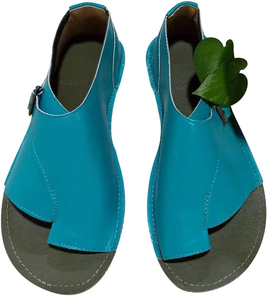 JITUUE Flat Sandals for Women Low Heels Vintage Leather Open-toe Slip on Summer Shoes Buckle Ankle Wrap