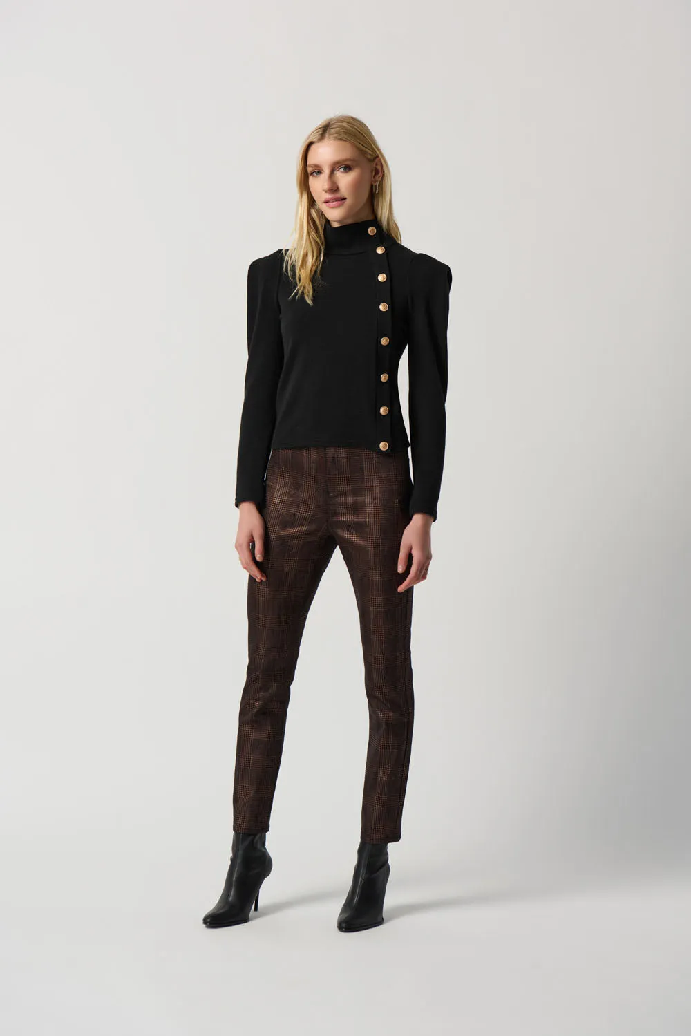 Joseph Ribkoff Black/Bronze Foiled Houndstooth Classic Slim-Fit Pull-On Jeans Style 234925