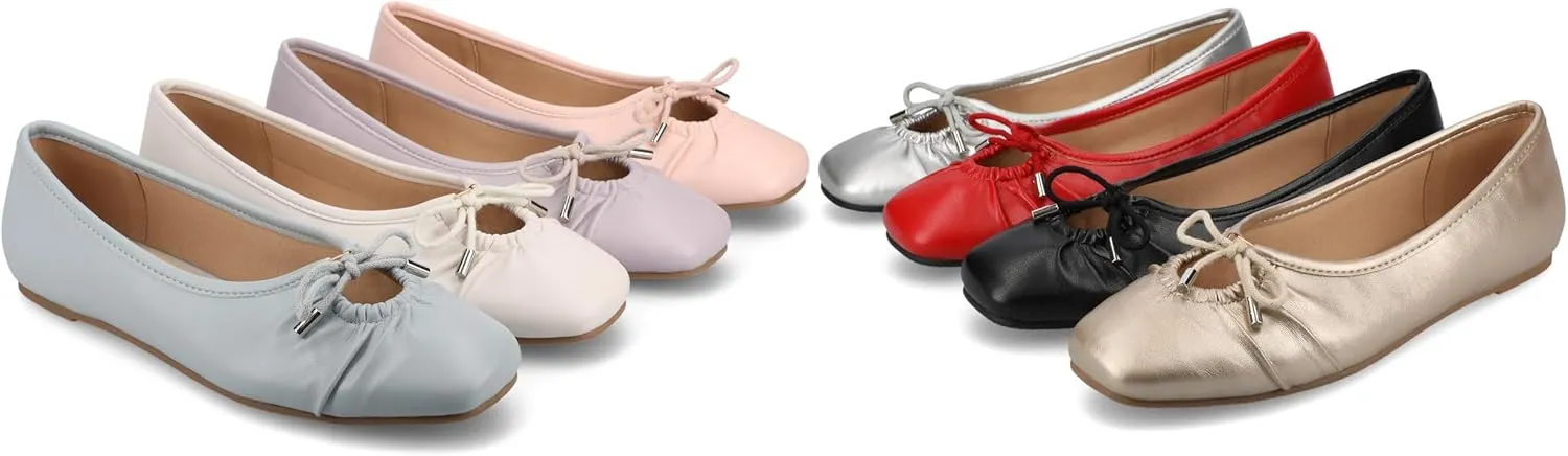 Journee Collection Womens Callee Ruched Ballet Dress Flats with Bow Cushioned Slip On Soft Square Toe Fashion Shoe