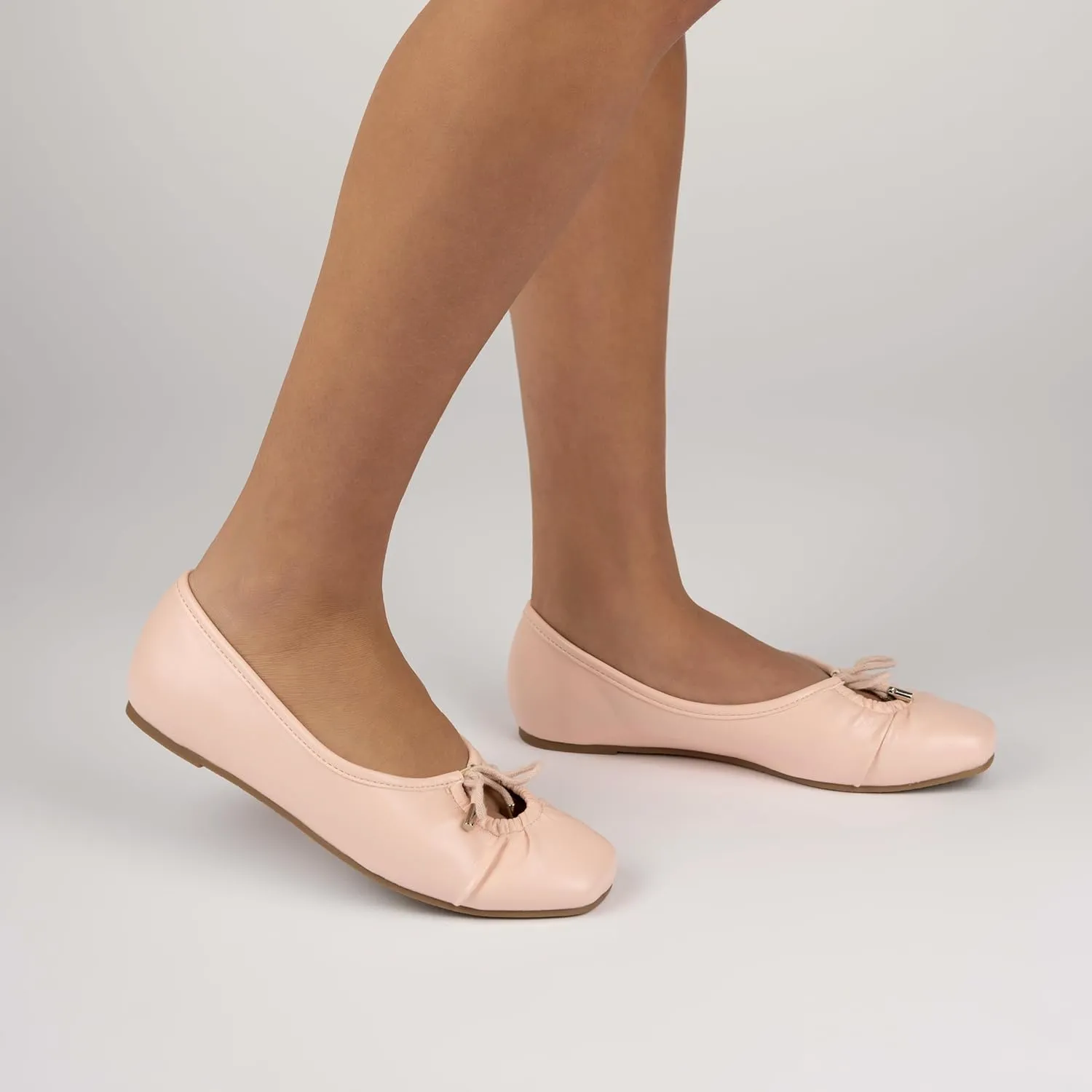 Journee Collection Womens Callee Ruched Ballet Dress Flats with Bow Cushioned Slip On Soft Square Toe Fashion Shoe