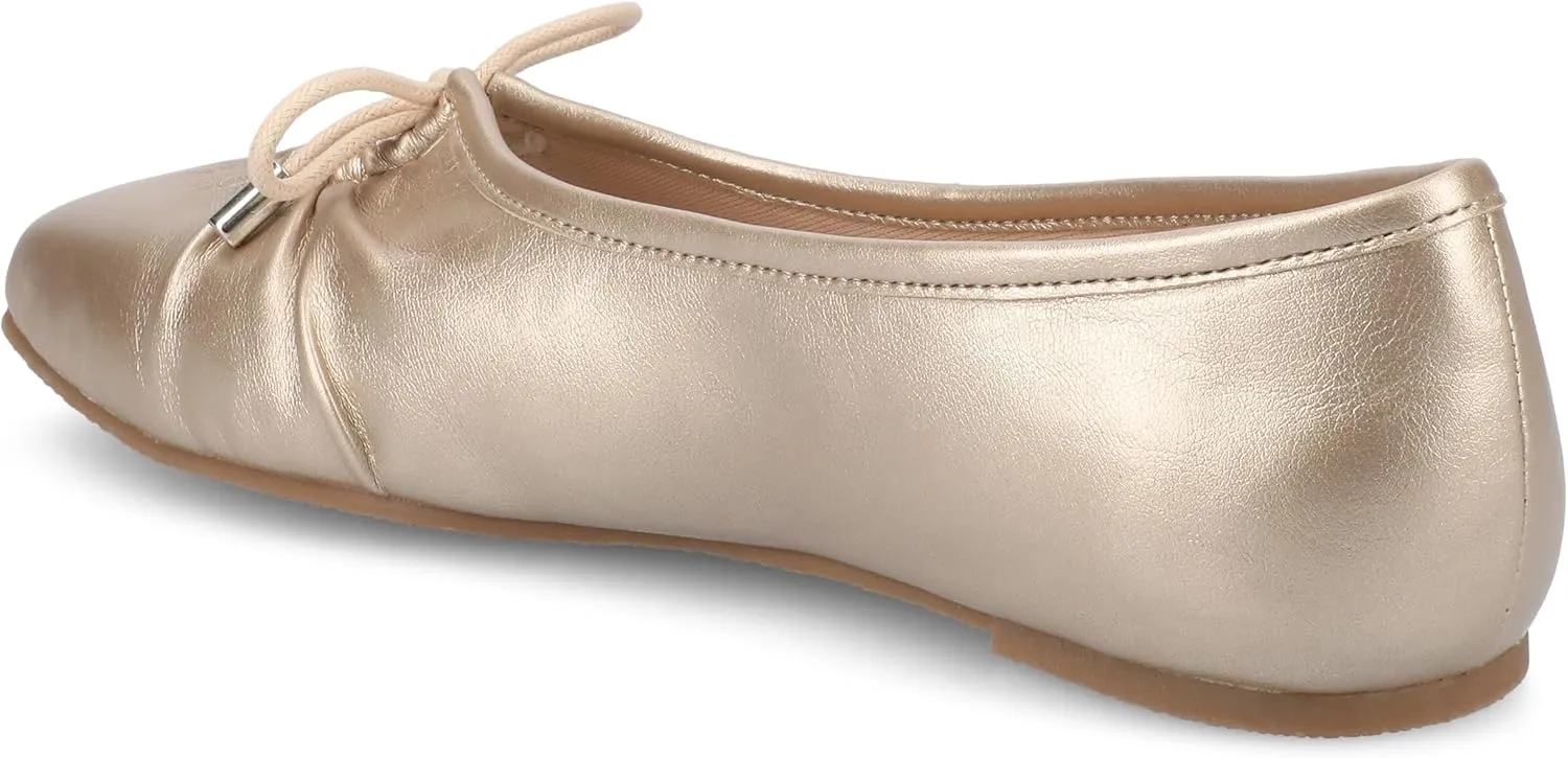 Journee Collection Womens Callee Ruched Ballet Dress Flats with Bow Cushioned Slip On Soft Square Toe Fashion Shoe