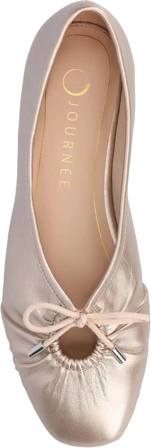Journee Collection Womens Callee Ruched Ballet Dress Flats with Bow Cushioned Slip On Soft Square Toe Fashion Shoe