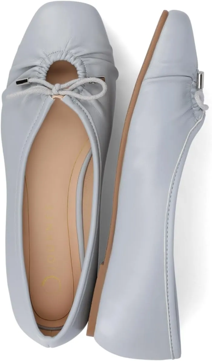 Journee Collection Womens Callee Ruched Ballet Dress Flats with Bow Cushioned Slip On Soft Square Toe Fashion Shoe