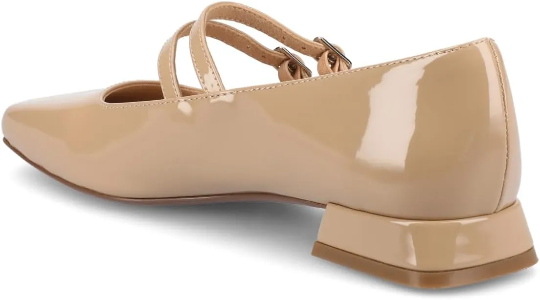 Journee Collection Womens Gredah Mary Jane Dress Flats Strappy Double Buckle Slip On Cushioned Block Heel Square Toe