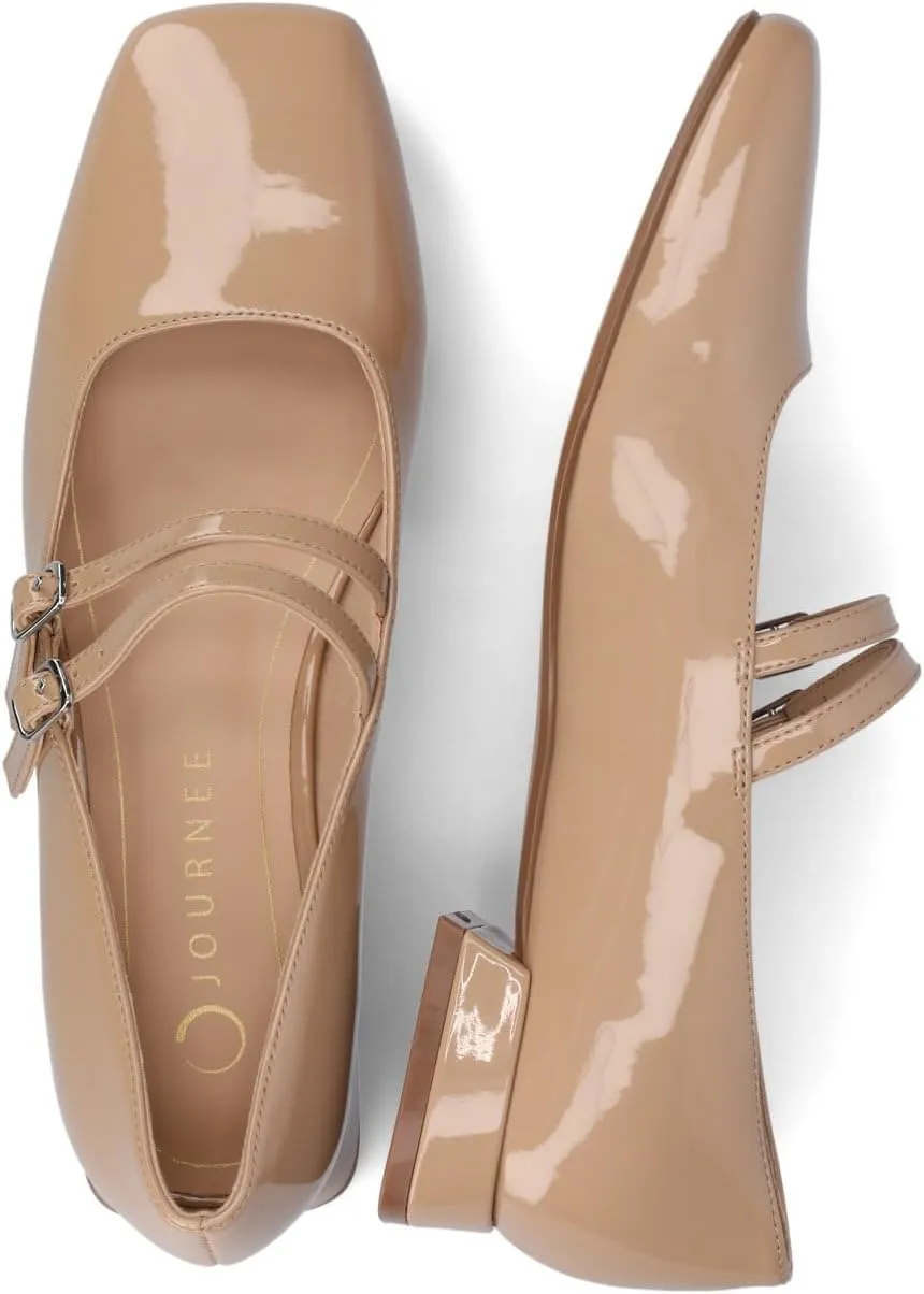 Journee Collection Womens Gredah Mary Jane Dress Flats Strappy Double Buckle Slip On Cushioned Block Heel Square Toe