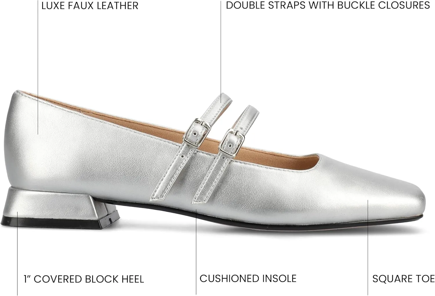 Journee Collection Womens Gredah Mary Jane Dress Flats Strappy Double Buckle Slip On Cushioned Block Heel Square Toe