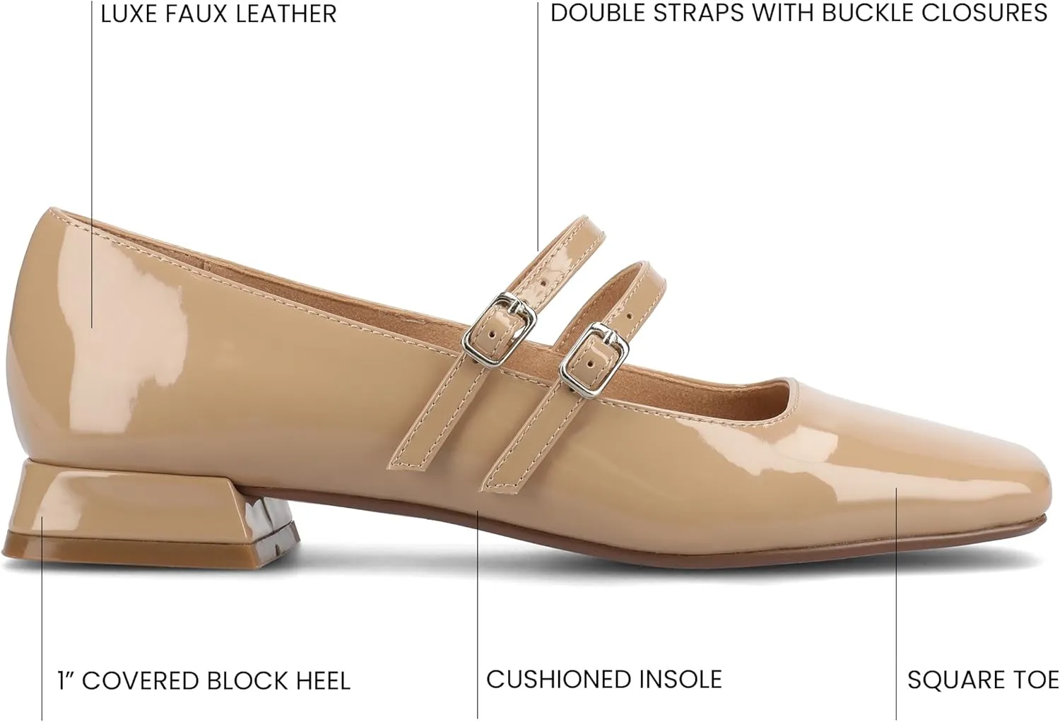 Journee Collection Womens Gredah Mary Jane Dress Flats Strappy Double Buckle Slip On Cushioned Block Heel Square Toe