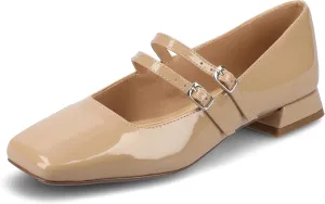 Journee Collection Womens Gredah Mary Jane Dress Flats Strappy Double Buckle Slip On Cushioned Block Heel Square Toe