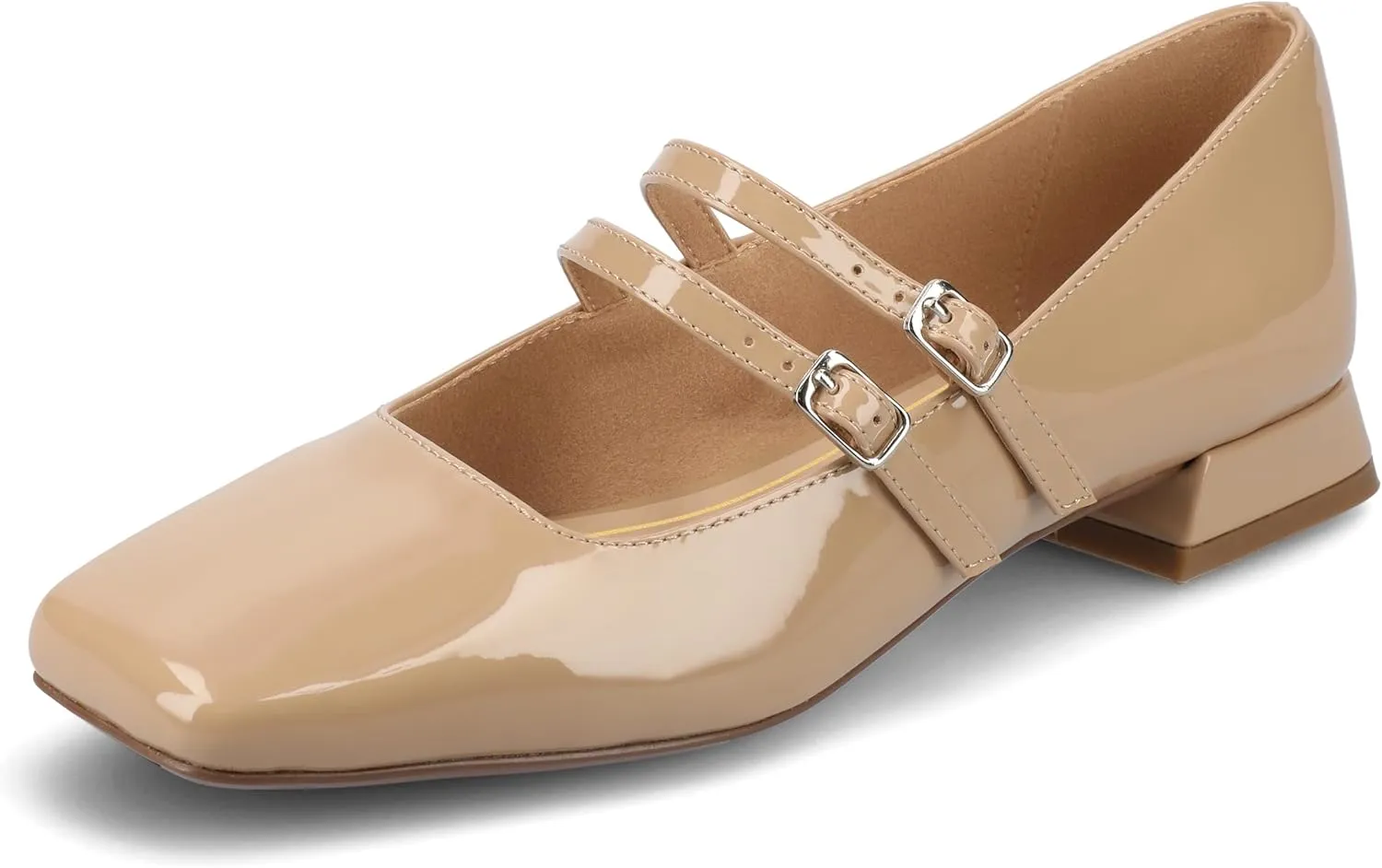 Journee Collection Womens Gredah Mary Jane Dress Flats Strappy Double Buckle Slip On Cushioned Block Heel Square Toe
